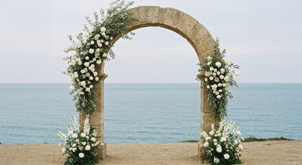 Romantic Mediterranean wedding arch with white flowers and lush greenery by the sea
