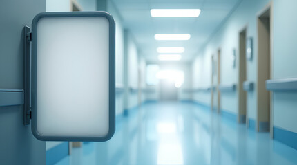 Mockup. Empty signboard in a bright hospital hallway with blue flooring and soft lighting