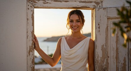 Happy Mediterranean bride standing in a rustic doorway with the sea in the background at sunset