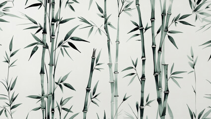Elegant botanical pattern of bamboo stems and leaves in varying shades of green against a light background, creating a peaceful ambiance.