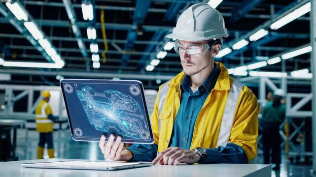 Male worker in safety gear operates holographic digital interface with circuit diagram, wearing yellow protective jacket and white helmet in high-tech industrial environment