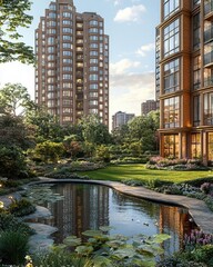 Fototapeta premium Modern residential buildings surrounded by lush gardens and a serene pond at sunset