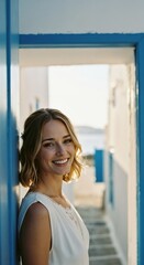Smiling Mediterranean bride leaning against a blue doorway with warm sunset light in a seaside village