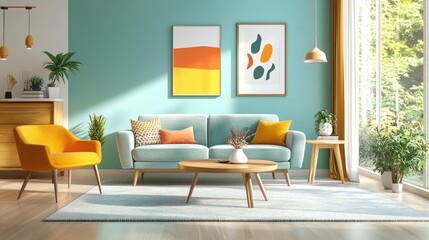 Sunny living room, teal walls, mid-century modern furniture, plants, for home decor websites