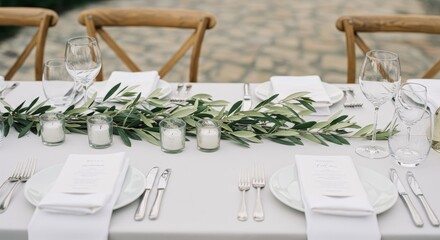 Elegant Mediterranean wedding table setting with olive branches and candles on a white tablecloth