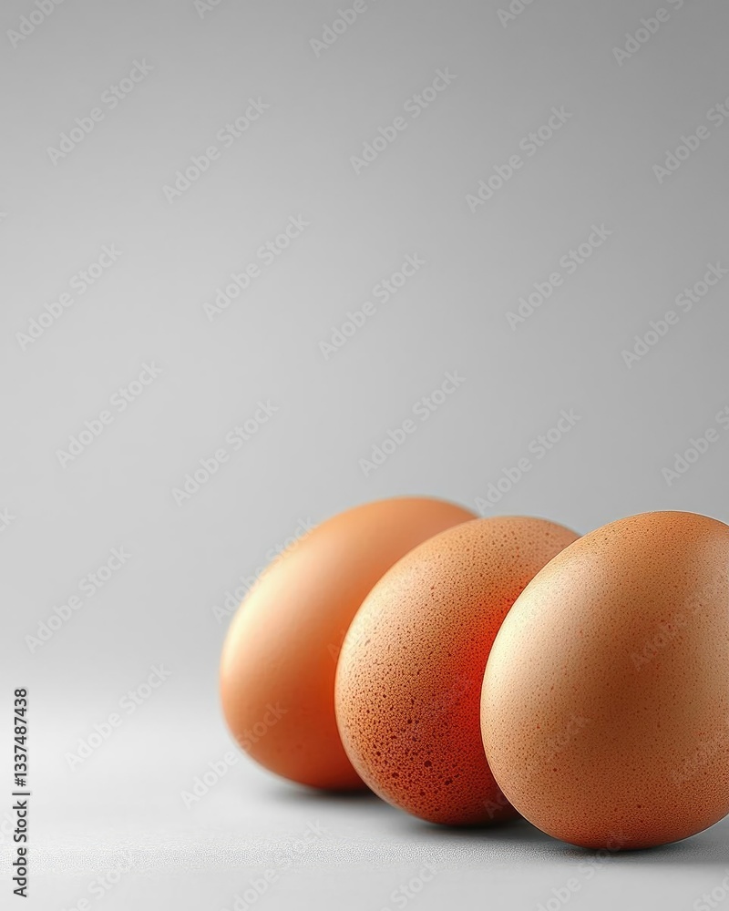 Poster three brown eggs arranged on a smooth surface with a soft gray background, ideal for culinary use
