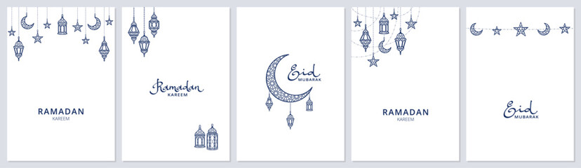 Ramadan or Al-Adha banners. Golden shiny decoration. Lanterns, crescent, stars. Islamic border, muslim holidays frame. Ramadan calligraphy in arabic style. Vertical format for social media, cards.