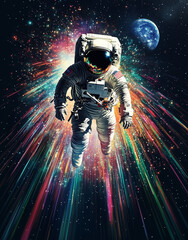 Fototapeta premium Astronaut Floating in Cosmic Light - Ultra HD Space Portrait with Earth & Galactic Rays, Surreal Sci-Fi Scene for Branding & Wall Art
