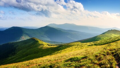 Fototapeta premium nature landscape with alpine grassy meadow of mnt petros in dappled light carpathian mountain scenery of ukraine in summer popular travel destination of transcarpathia outdoor adventure