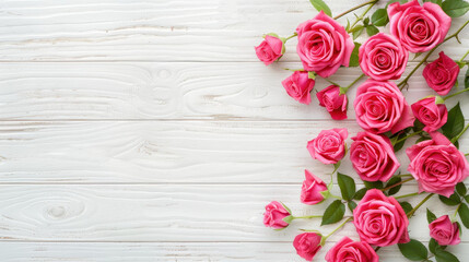 A stunning bouquet of pink roses lies on a rustic white wooden background, perfect for wedding themes and romantic moments.
