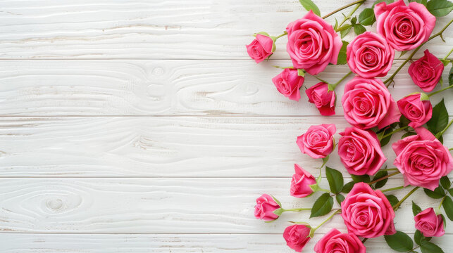 A stunning bouquet of pink roses lies on a rustic white wooden background, perfect for wedding themes and romantic moments.