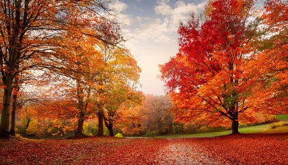 serene autumn landscape with vibrant red and orange leaves falling from trees creating picturesque scene