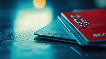 Financial transaction focus credit cards on a table indoor setting close-up shot modern aesthetic