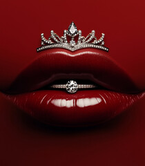 Naklejka premium Regal Red Lips with Silver Crown & Diamond Ring - Luxury Lip Art for Cosmetic Branding & High-End Beauty Campaigns