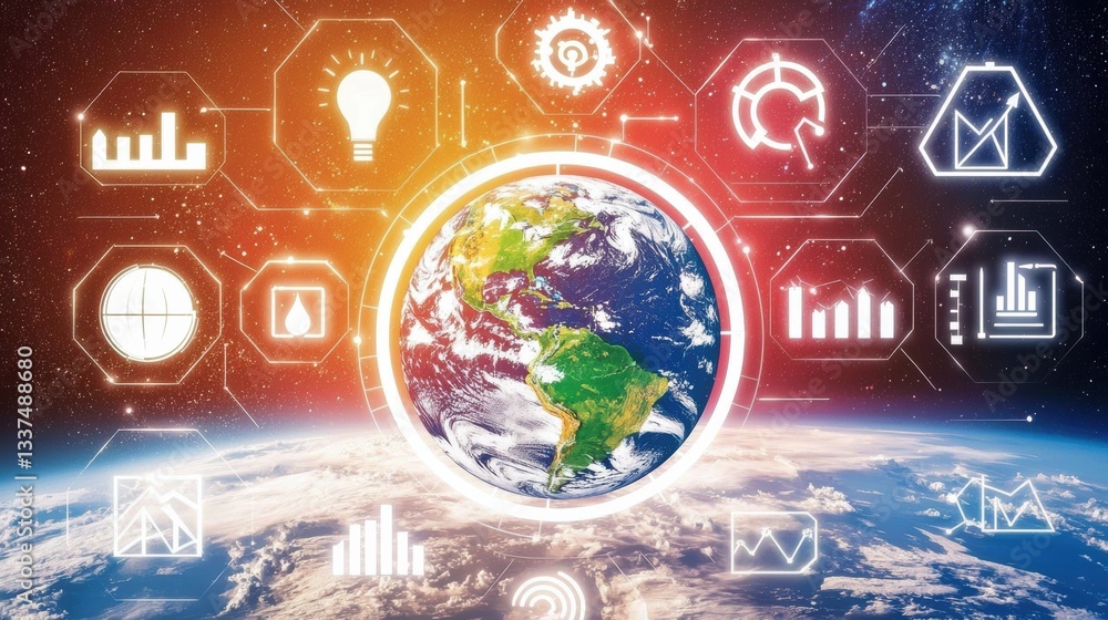Poster global technological advancements earth view with data visualization and innovation concepts
