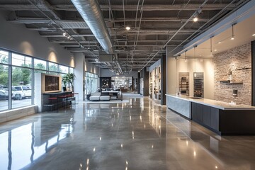 A spacious modern interior design showcases an elegant showroom layout