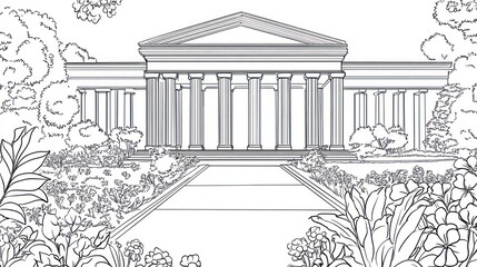 Classical building in a landscaped garden, illustration, for coloring book