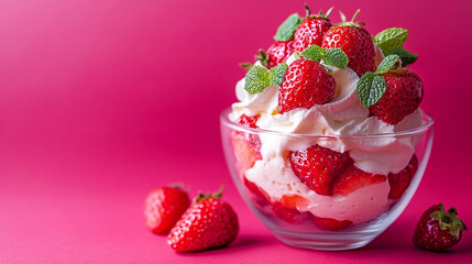 A glass bowl filled with layers of strawberries and whipped cream on a pink background with mint leaves.