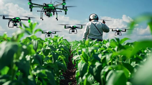 Innovative farming technology improves crop management with drones in a lush field