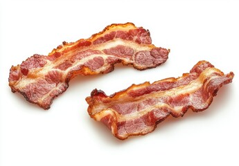 Obraz premium Crispy Cooked Bacon Strips on White Background with Perfectly Rendered Fat and Meat, Ideal for Food Photography and Culinary Presentations