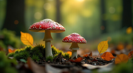 Two vibrant red and white mushrooms in a forest setting during autumn. Close-up macro photography.