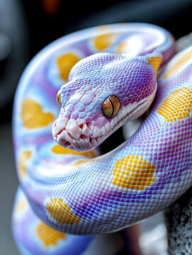 A vibrant ball python with striking purple and yellow markings is coiled comfortably on a textured surface in a well-lit outdoor area, showcasing its intricate scales and unique colors.
