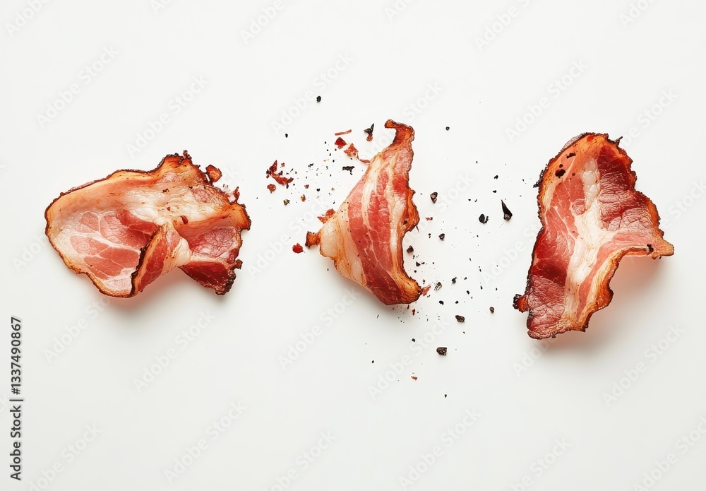 Poster crispy fried bacon strips on a white background highlighting texture and color variations in a delic