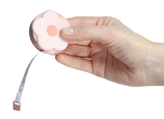 Sewing meter in hand on white background isolation