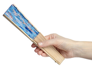 Hand holding fan with floral pattern on white background isolation
