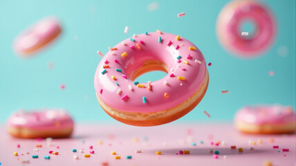 Close-up of a pink donut with sprinkles, several other donuts blurred in the background. Pastel colors and a playful, vibrant feel.
