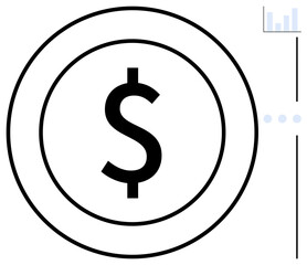 Dollar sign encircled by two rings suggesting focus on finance, wealth, or economy with small bar chart indicating analysis. Ideal for money, profit, budget, economy, investment finance data. Flat