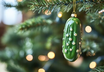 Decorative green pickle ornament hanging on a Christmas tree surrounded by warm lights and vibrant holiday foliage creating a festive atmosphere in winter