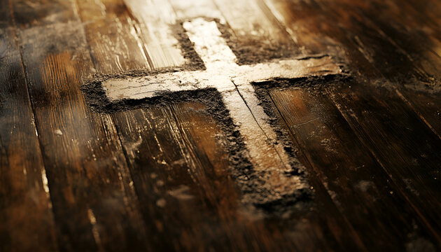 Simple Ash Cross Drawn on Wooden Surface for Ash Wednesday. Concept of Spiritual Reflection, Faith, and Religion