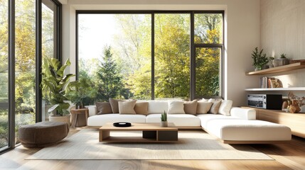 Modern living room with large window, autumn view, sunlight, cozy furniture