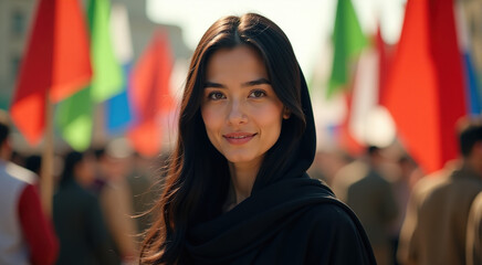 Fototapeta premium Portrait of a young, smiling woman in a black scarf against a blurred background of colorful flags and a crowd of people.