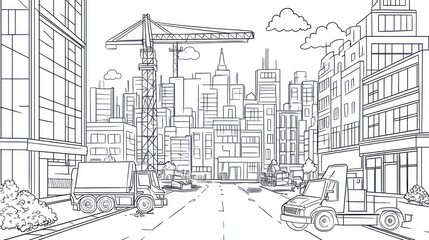 Fototapeta premium Cityscape under construction, urban scene, buildings, vehicles, line art, coloring book, background