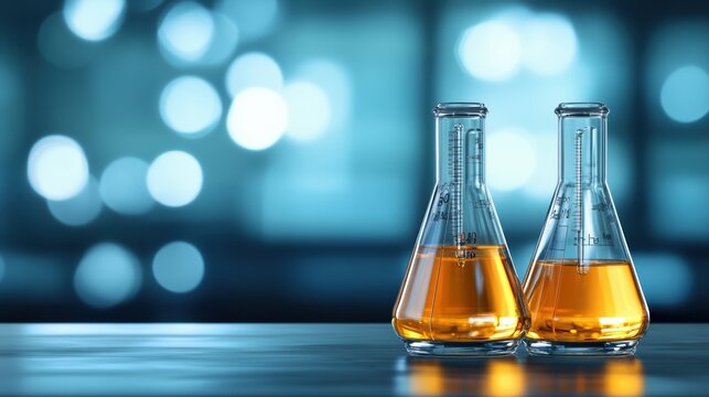 Two glass laboratory flasks filled with vibrant orange liquid are set against a softly blurred background, conveying a science-themed atmosphere, This image is ideal for educational, scientific