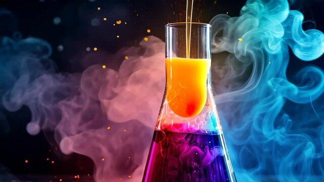 Vibrant chemical reaction in a beaker against a dark background, creating captivating hues. Ai Generated.