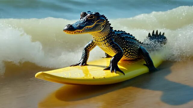 A cute alligator surfer enjoys a fun-filled summer day at the beach, riding waves with enthusiasm, Ai Generated.