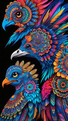 Stylized birds with vibrant, intricate plumage and kaleidoscopic flower-like details against a contrasting dark backdrop. Nature meets artistry.