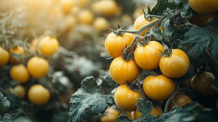 Close up of a cluster of yellow tomatoes on the vine with water droplets and green leaves in a garden.
