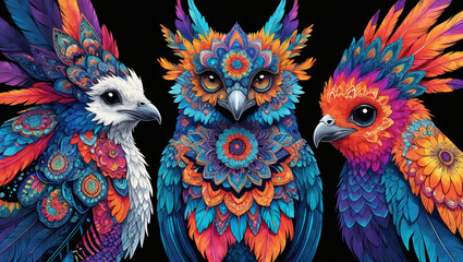 Three brightly-colored birds stand in a row, adorned with intricate geometric patterns and feathered details on a black background.