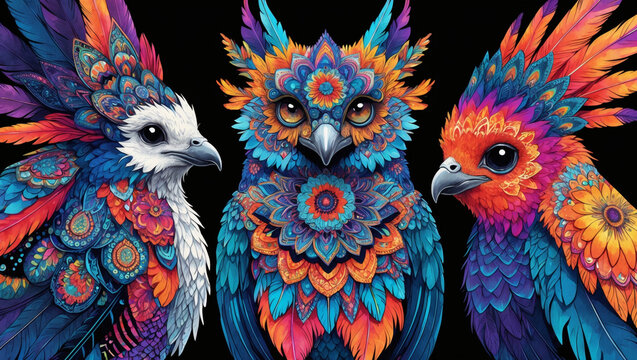 Three brightly-colored birds stand in a row, adorned with intricate geometric patterns and feathered details on a black background.