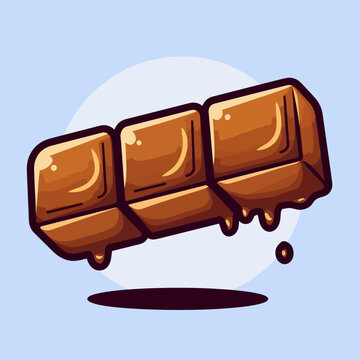 A stylized illustration of a melting chocolate bar with three distinct segments, set against a light blue background with a subtle circular element.