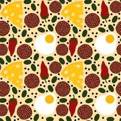 Cartoon food seamless cheese and sausage pattern for wrapping paper and fabrics and linens and kids clothes print