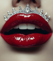 Royal Red Lips with Silver Crown Design - Luxe Diamond-Encrusted Lip Art for Beauty Brands & High-End Cosmetic Campaigns