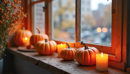 Obraz premium Cozy autumn windowsill adorned with pumpkins and glowing candles, showcasing a warm fall atmosphere. Seasonal home decor concept.