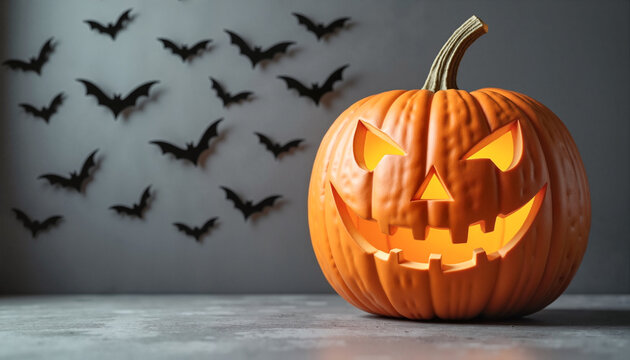 Carved Halloween pumpkin glowing mischievously on concrete surface with black bats flying on the wall, festive spooky decoration concept.