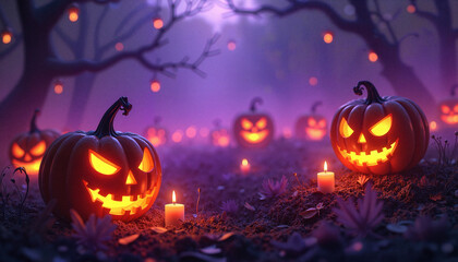 Glowing jack-o’-lanterns with flickering candles in eerie purple mist, creating a hauntingly magical Halloween atmosphere.