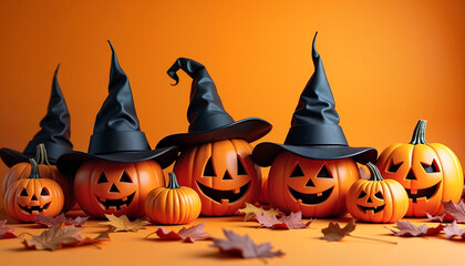 Collection of Halloween pumpkins wearing black witch hats against a bold orange background, festive autumn celebration concept.